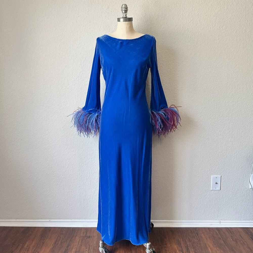 STEPHAN JANSON Maxi Dress Royal Blue Velvet Feather Cuff NWT